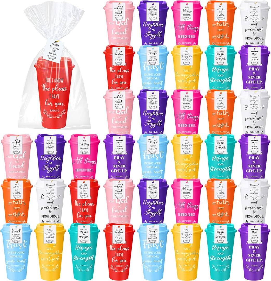 LemonRoad 80 Sets Christian Gifts Bulk 16oz Reusable Bible Verse Coffee Cups with Lids Cards and Gift Bags Inspirational Religious Gifts for Church Party (Bright Color)