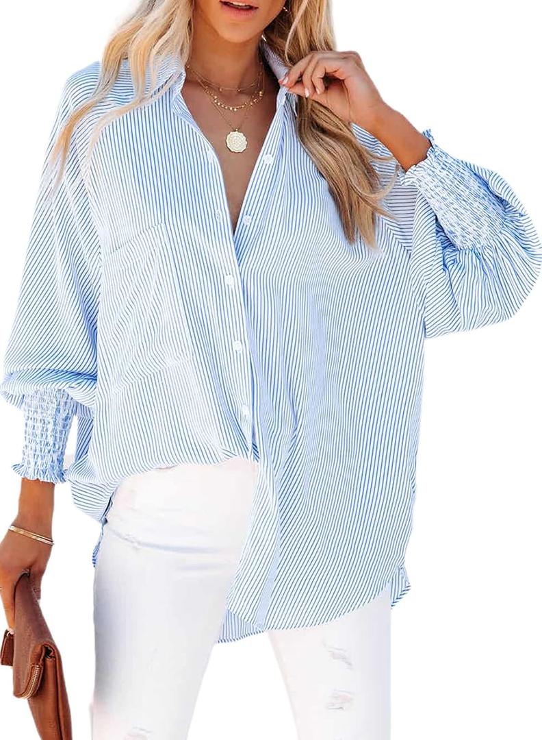 Womens Smocked Cuffed Striped Boyfriend Shirt Casual Collar Long Sleeve Oversized Button Down Blouse Tops with Pocket Shirred (Large, Blue)