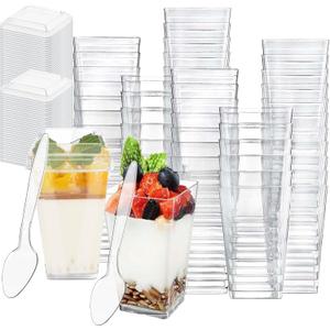 100 Pack Square Dessert Cups with Lid, 3oz Clear Mini Shooter Cups with Spoon for Party, Reusable Plastic Pudding Parfait Cups for Yogurt Jello Ice Cream