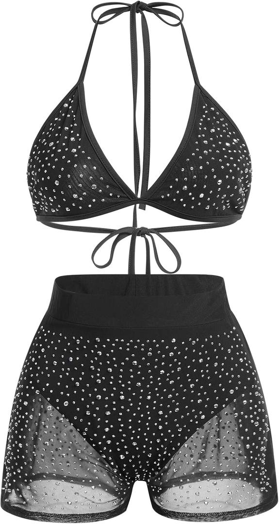 Women Sparkle Rhinestone Mesh Sheer Bikini Sets Halter Bra Top High Waist Shorts Bottom Swimsuits Rave Outfit (Black), M
