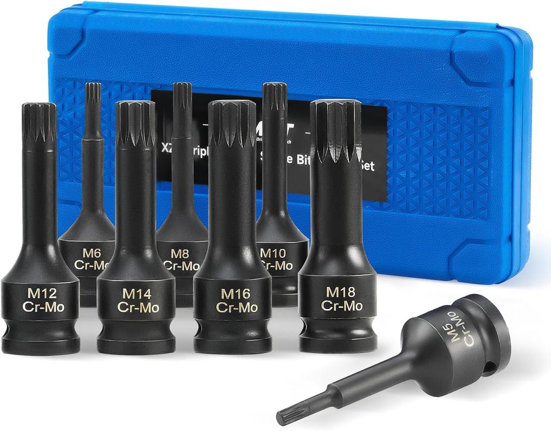 Orion Motor Tech XZN Triple Square Spline Bit Sockets, 8pc 1/2" Drive Impact Triple Square Bit Socket Set with Metric M5 M6 M8 M10 M12 M14 M16 M18 Socket Adapters, Cr-Mo Steel, Storage Case