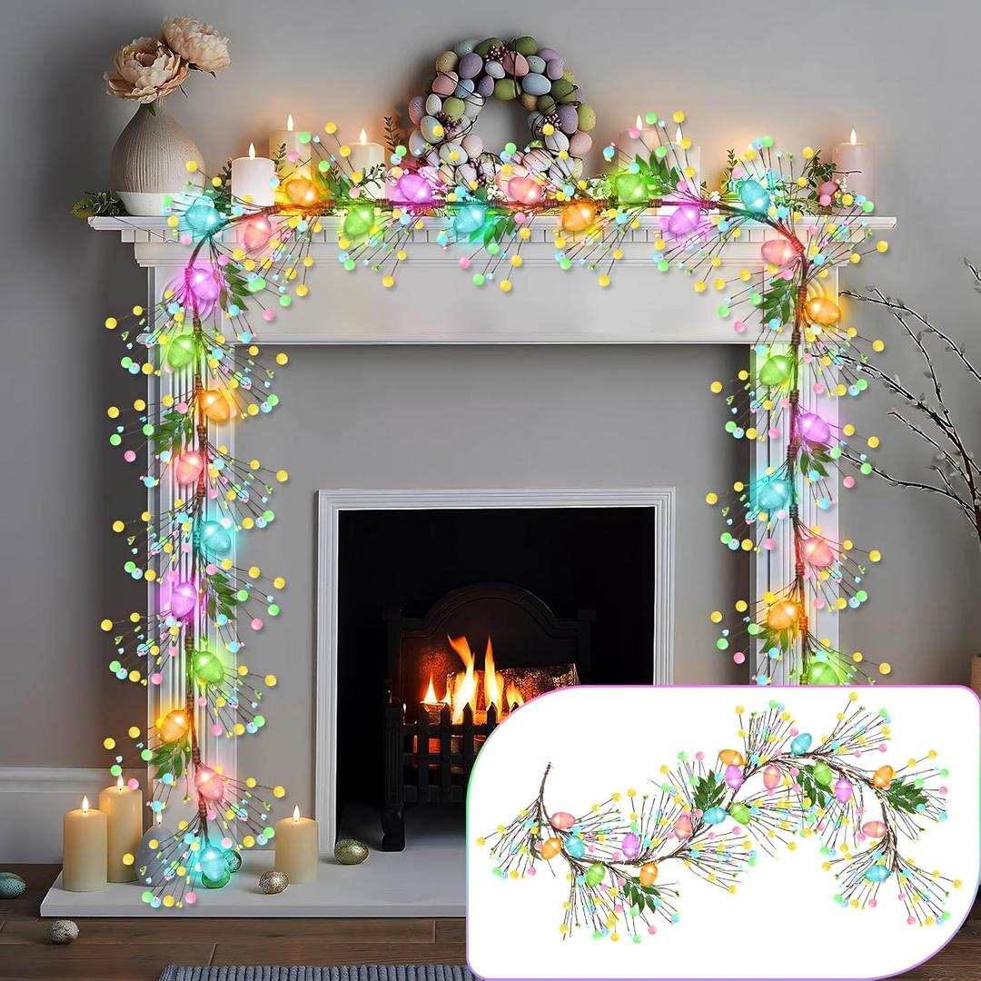 Enhon Lighted Easter Garland with 8 Lighting Modes, 15 LED Colorful Glitter Easter Egg Garland Lights Timer, Battery Operated Egg & Mixed Berry Decoration for Spring Mantle Home Fireplace Indoor Decor