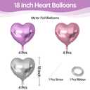 KALOR Purple Pink and Silver Heart Balloons, 12Pcs 18 Inch Heart Shaped Foil Balloons for Valentines Day, Wedding, Bridal Shower and Birthday Party Decorations