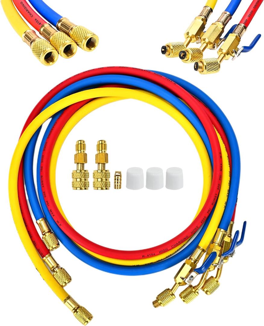 2026 New 29985 Plus II 1/4"HVAC Hoses, 60" (5FT), Custom Pressure Relief Groove, R-410A Conversion Adapter, Compact Ball Valve Refrigerant Hoses for R-22/R-410A/R-134A, 3 Pcs