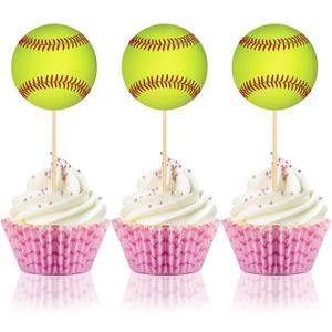 48 Pieces Softball Themed Cupcake Toppers Yellow Baseball Cake Picks Birthday Cake Decorations Cupcake Toppers for Men Boys Girls Sports Party Supplies Decor Ornament Wedding Plates Games Sticks