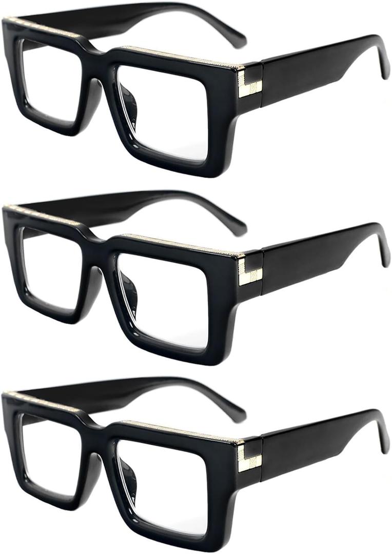 REAVEE 3 Pack Oprah Style Reading Glasses for Women Men, Blue Light Blocking Readers Stylish Square with Spring Hinge, Black 2.5
