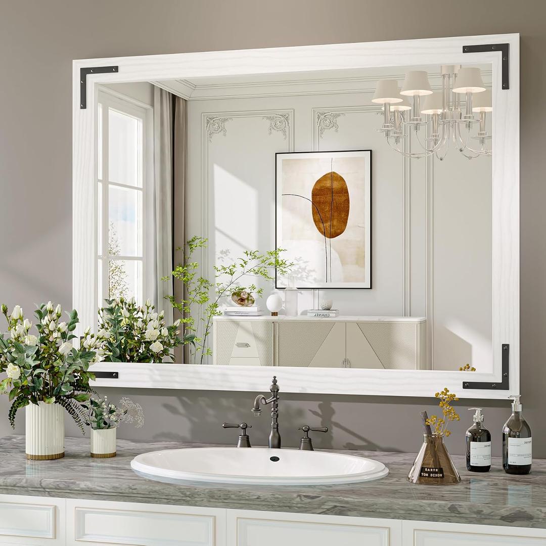 White Farmhouse Bathroom Mirror, 40x30 Inch White Wooded Framed Vanity Mirror for Wall, Rectangular Rustic Wall Decor Mirrors for Entryway Living Room Bedroom