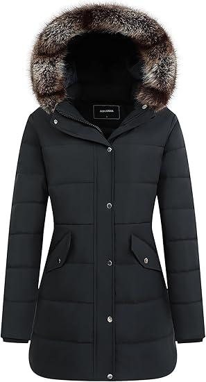 Women's Winter Coat Waterproof Long Insulated Parka with Detachable Hood, Large