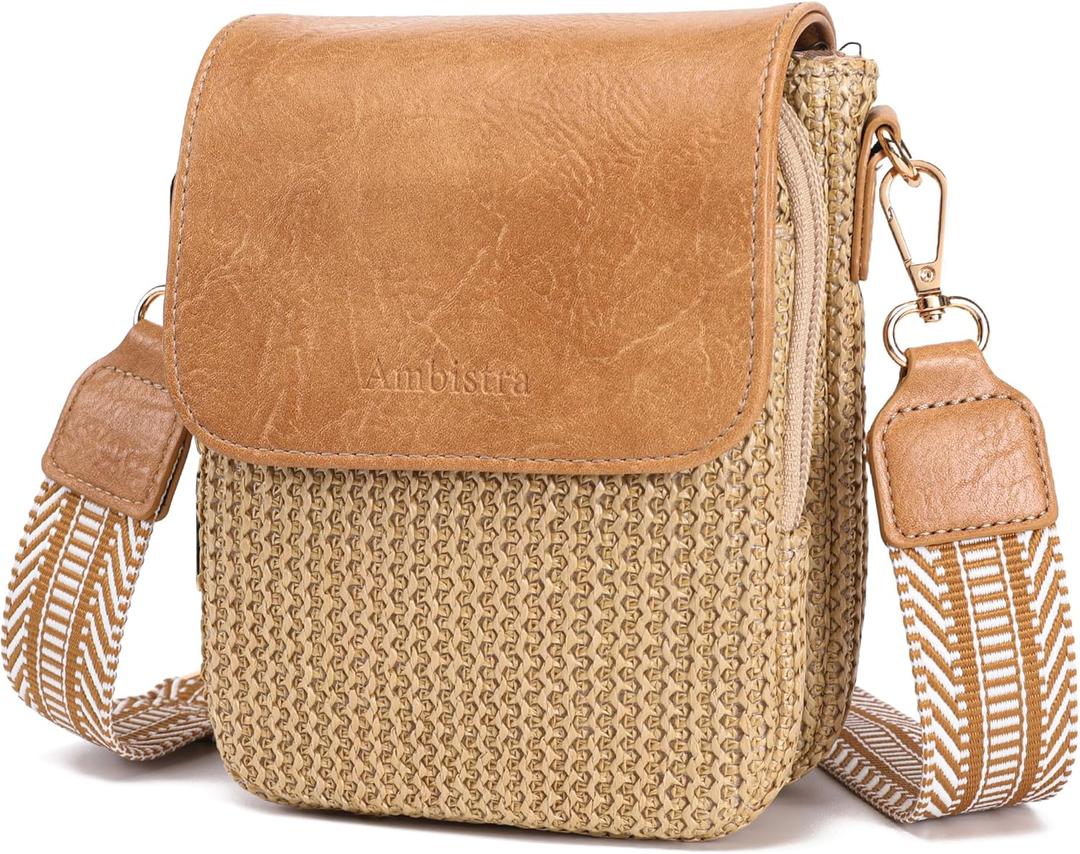 Faux Straw Summer Purse 2026 RFID Small Crossbody Bags for Women Raffia Woven Phone Bag Hawaiian Beach Cruise Travel (Brown Khaki)