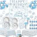 Seashell Party Decorations for Summer Beach Birthday Turned Pretty, Blue Bow Seashell Birthday Party Supplies, Plate, Cup, Napkin, Banner, Tablecloth, Topper, Swirl, Backdrop, Cutlery, Serve 24