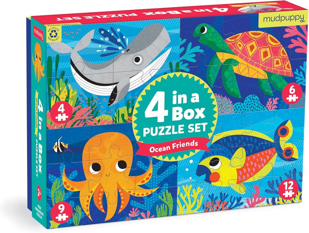 Mudpuppy Ocean Friends 4-in-a-Box Puzzle Set  Includes 4 Fun Jigsaw Puzzles for Kids with 4-12 Pieces  Features Colorful Ocean Illustrations for Ages 2-5