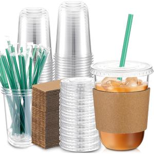 Baderke 25 Set Plastic Cups with Lids and Straws and Cup Sleeve, Disposable Plastic Iced Coffee Cup for Cold Beverage Juice Smoothie Crystal for Coffee Shops Party Catering (16 oz)