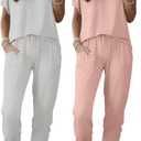 Ekouaer 2 pack Pajama Sets for Womens Jogger Pants Pjs Short Sleeves Lounge Set Soft Sleepwear with Pockets  (M)
