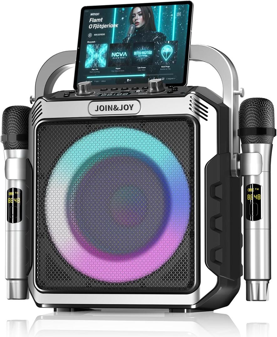Portable Karaoke Machine, with Wireless Microphones, Bluetooth Party Speaker with LED Lights, Loud Subwoofer, USB/AUX, Outdoor Karaoke Speaker for Adults & Kids, Home & Party (Silver)