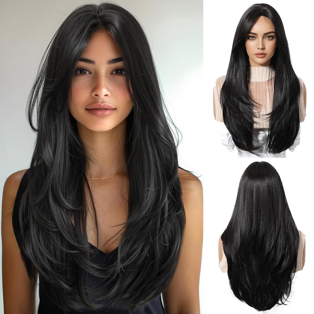Black Wigs for Women Long Wig with Bangs Natural Straight Wigs Synthetic Hair Heat Resistant Wigs for Daily Party Cosplay Wear (Black(8297-4))