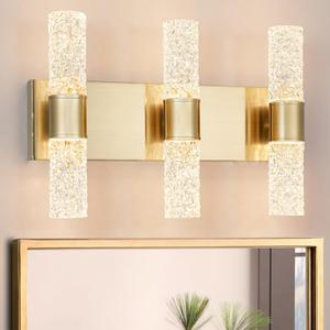 Gold Bathroom Light Fixture, Modern Brushed Vanity Light with, Crystal 6 Light Bathroom Vanity Light Fixtures Over Mirror, 27w LED Hardwired Wall Sconce, Warm White