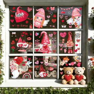 2 x 9 Sheets Valentines Day Window Clings Decor: Double-Sided Gnome Window Stickers, Cute Heart & Love Static Cling Decals, Reusable Valentine Decorations for Home School Office Party and Store