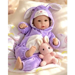 Aori Real Baby Dolls - 17 Inch Realistic Baby Doll with Soft Body & Purple Bunny Outfits for Girls 3+ Pretend Play, Dress Up, Nursery Decor