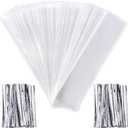 Pangda 200 Pcs Pretzel Bags 2 x 10 Inches Clear Pretzel Individual Rod Cellophane Rectangle Plastic Treat Bags for Chocolate Candies Cookies with 200 Pieces Twist Ties(Silver Ties)