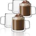 CNGLASS 12oz Glass Coffee Mugs,Double Wall Insulated Glass Cups with Handle,Clear Espresso Mugs for Latte,Cappuccino,Tea Bag,Set of 4