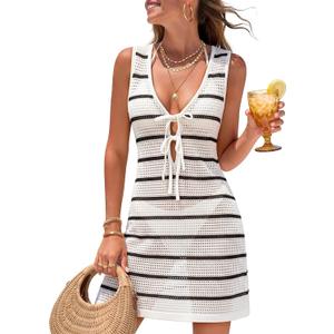 MEROKEETY Women's Summer Swimsuit Coverup 2026 Bathing Suit Resort Wear Tie Front Crochet Knit Beach Vacation Cover Up Dress (Large, White)