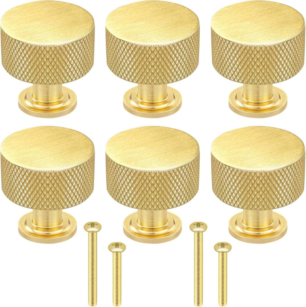 HANFUGA 6 Pack Brushed Brass Cabinet Knobs, 1.1" (28mm) Round Gold Drawer Pulls Modern Handles for Kitchen Cabinet, Bathroom Dressers