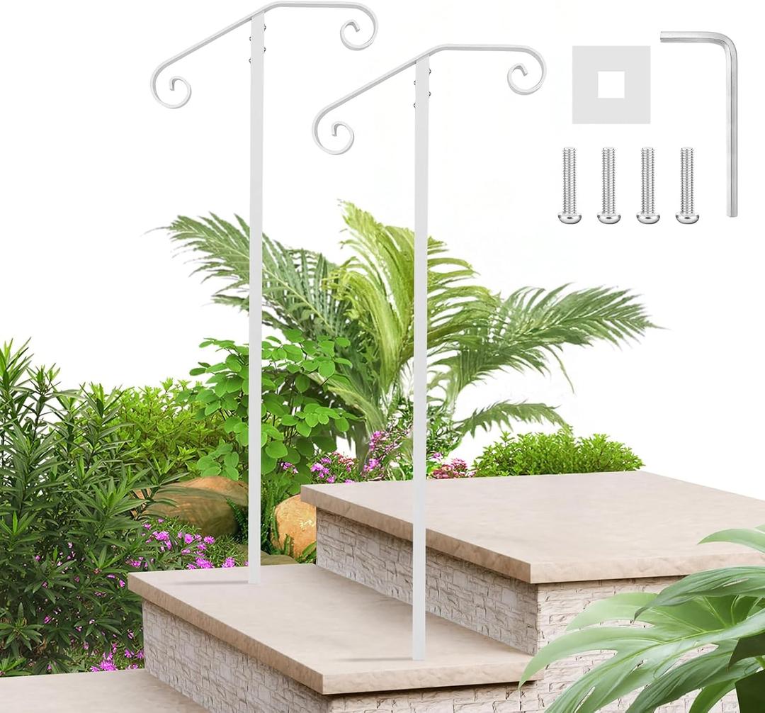 Handrails for Outdoor Steps Single Post Handrails for Outdoor Steps Wrought Iron Single Post Handrail, Ground Long Post Fits 1 or 2 Steps Grab Rail Single Post Railing (2pcs White)