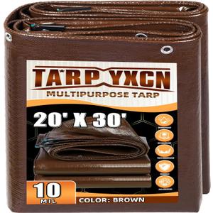 Brown Tarp 20x30 Feet, 10 Mil Thick Waterproof Poly Tarps Cover UV Resistant, Rip & Tear Proof with Metal Grommets Every 20 Inches