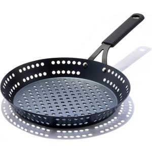 OXO Obsidian Pre-Seasoned Carbon Steel, 12" Frying Pan Skillet with Holes for Grilling with Removable Silicone Handle Holder, Induction, Oven Safe, Black