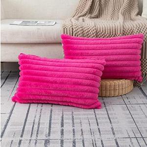 ZLINA Set of 2 Cream White Faux Fur Decorative Throw Pillow Covers Fluffy Striped Pillowcase Cushion Covers 12 x 20 Inch Decor Sofa Couch Bedroom , Hot Pink