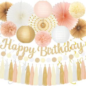 Happy Birthday Decorations for Women Girls - Gold Boho Birthday Banner, Tissue Pom Poms Fans, Swirls, Dots Garland, Paper Lanterns and Tassels - 20pcs Neutral Retro Rustic Birthday Party Supplies