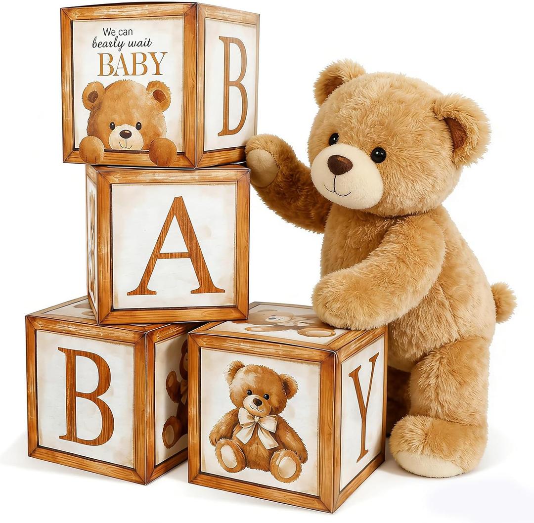Whaline Bear Baby Boxes with Letters 11.8 Inch Cute Baby Shower Decoration We Can Bearly Wait Block Boxes for Nursery Classroom Gender Reveal First Birthday Backdrop Decor Photo Props, 4 Pcs
