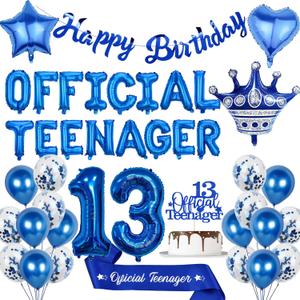 13th Birthday Decorations Balloons Boys - 40 Pcs Blue Banner Official Teenager Letter Number 13 Star Heart Crown Balloon Sash Cake Topper for Boy 13 Years Old Happy Birthday Party Decor Supplies