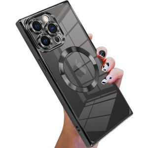 KANGHAR Case Designed for iPhone 15 Pro Max Magnetic Clear with Camera Lens Protector[Compatible with MagSafe] Luxury Cute Plating Design Full-Body Shockproof Protection Cover Black