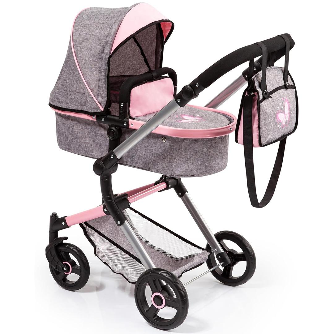 Bayer Versatile Doll Stroller Reversible, Convertible Pram for Dolls to 20 in, Gray Pink Butterfly with Adjustable Handle and Storage Bag
