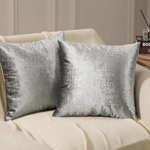 Phantoscope Pack of 2 Velvet Decorative Throw Pillow Covers Soft Solid Square Cushion Case for Couch Shiny Silver 18 x 18 inches 45 x 45 cm