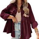 Womens Corduroy Peplum Shirts Tops Cute Long Sleeve Button Down Blouses with Pockets (Medium, Burgundy)