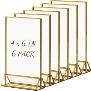 Boxalls Acrylic Sign Holders 4x6 in Gold, 6 Pack Picture Frame Table Number Wedding Holder, Vertical Photo Stand Double Sided, Menu Recipe Restaurant Reserved Display Centerpieces Bulk Frames