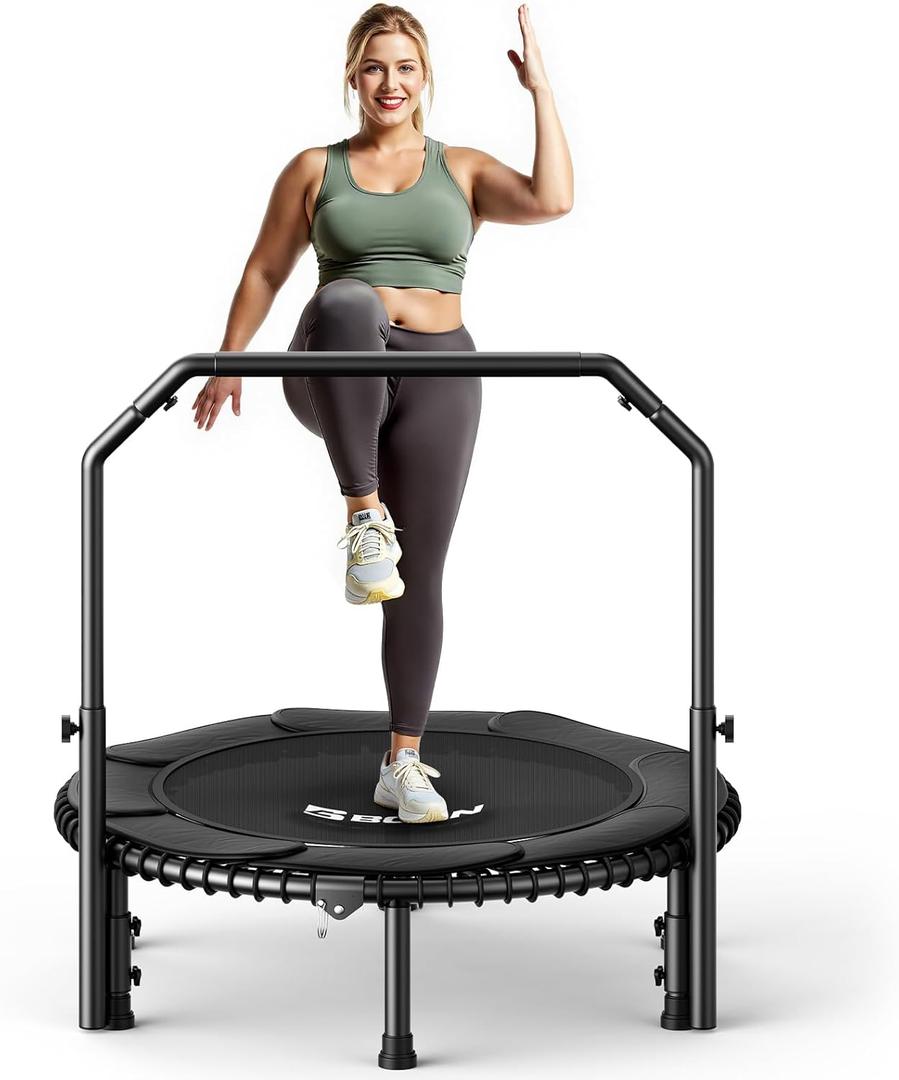 BCAN Adult Mini Trampoline, 40" Fitness Trampoline with Bungees, U Shape Adjustable Foam Handle - Black