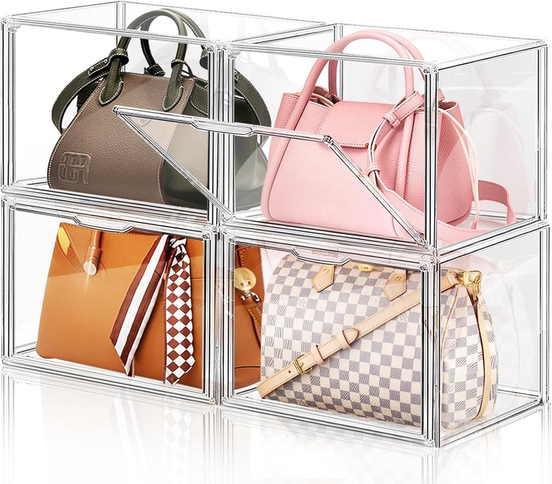 4 Packs Clear Plastic Handbag Storage Organizer for Closet, Large Acrylic Display Box forPurse and Handbag, Stackable Storage Boxes Bag Organizer with Magnetic Door for Purse Clutch Wallet Book