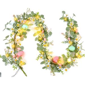 CENMORISE Easter Garland for Mantle - 6FT Faux Eucalyptus Garlands with Daisy, Pink Bloom & Egg, 20 LED Lights, Battery Operated Auto Timer, Flexible for Indoor Outdoor Spring Home Decor