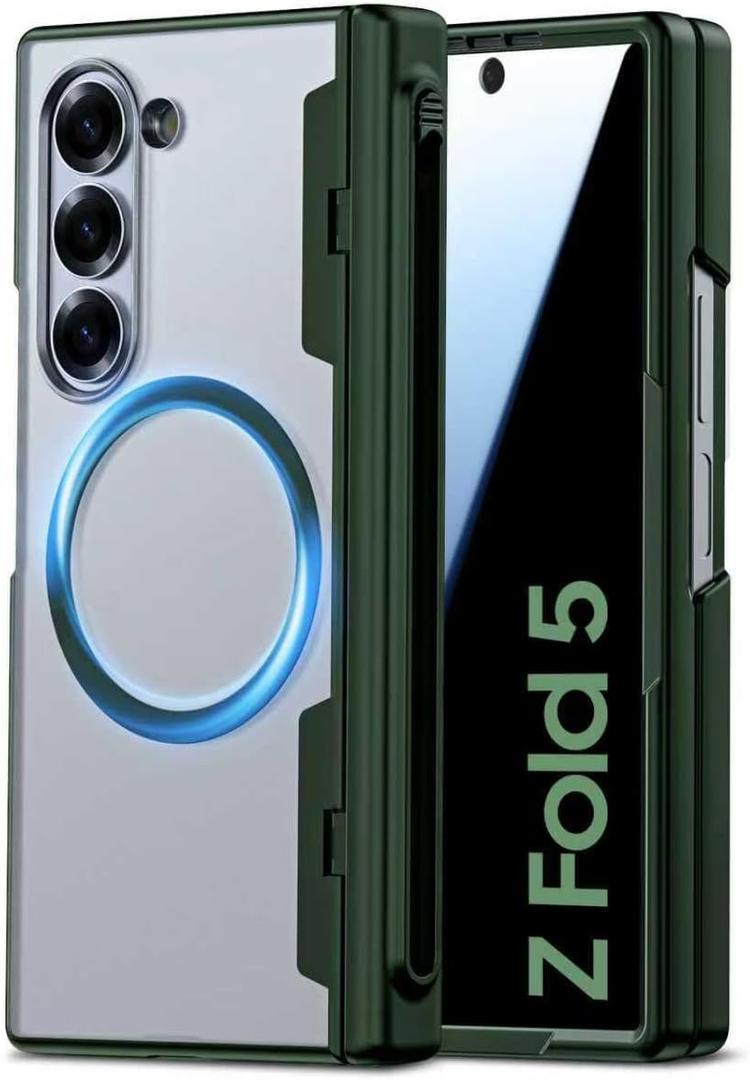 Spugan for Samsung Galaxy Z Fold 5 Case with MagSafe, [Screen Protection] [Hinge Protection] Translucent Strong Magnetic Shockproof Case for Galaxy Z Fold 5 with S Pen Holder (Privacy-Green)