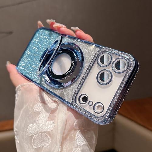 LXK Magnetic Stand for iPhone 17 Pro Case, [Compatible with Magsafe][Built-in Camera Lens Protector] Glitter Bling Card & Soft TPU Diamonds Bumper Protection Cover for Women Girls 6.3" Blue