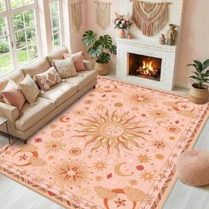 Vacuum-Friendly, 9x12 Washable Area Rug, Pink Gold Beige Red