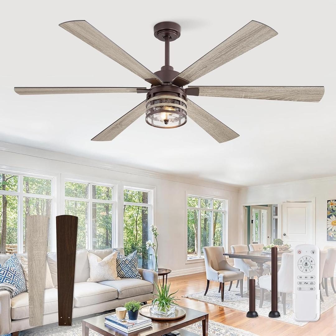 65 Inch Farmhouse Ceiling Fans with Lights and Remote,Industrial Large Ceiling Fan with 6-Speed Reversible DC Motor and 6 Dual Finish Blades,Oil Bronze Ceiling Fan with Light for Living Bedroom Patio
