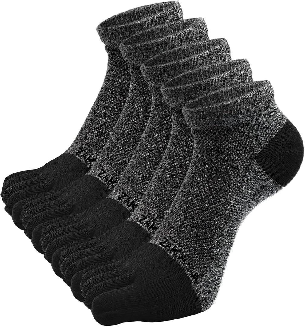 CaiDieNu Toe Socks for Men: Five Finger Cotton Athletic Crew Socks No Show Breathable Running Ankle Socks 5 Pairs Size 8-12 (Dark Gray)