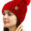 PAGE ONE Womens Winter Ribbed Beanie Crossed Cap Chunky Cable Knit Pompom Soft Warm Hat (Red)