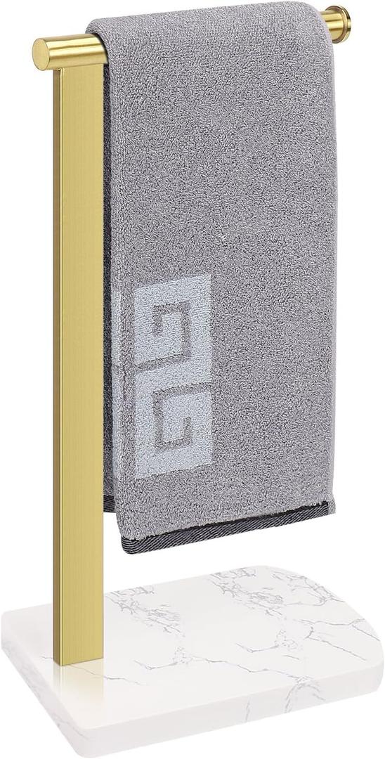 NearMoon Hand Towel Holder with Balanced Marble Base, 304 Stainless Steel Stand Towel Ring L Shape Hand Towel Rack Free-Standing Towel Bar for Bathroom Kitchen Countertop (Single Rod, Brushed Gold)