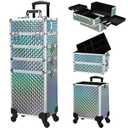 Stagiant Rolling Makeup Case Cosmetology Case on Wheels 4 in 1 Makeup Travel Case Large Cosmetic Organizer Storage with Key Swivel Wheels Nail Artist Salon Traveling Cart Trunk Watery Blue
