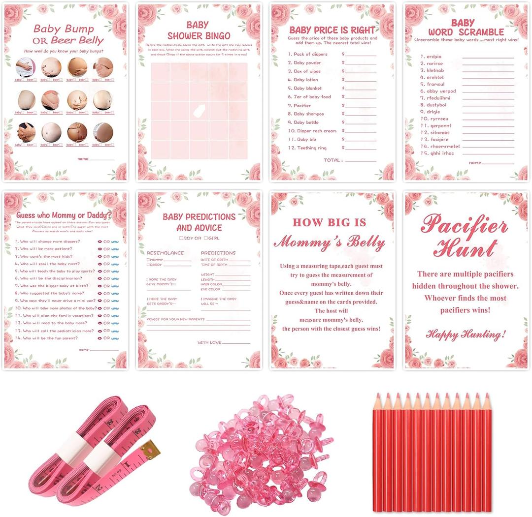 Baby Shower Games for Girl8 Games,Fun and Easy to Play,Includes Baby Shower Bingo,Price is Right,Guess Who Mommy or Daddy,Word Scramble,Prediction and Advice,How Big is Mommys Belly,Pacifier Hunt